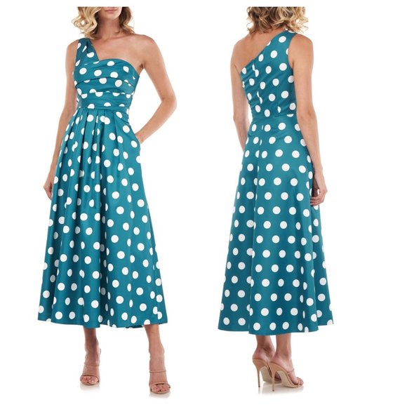Kay Unger Victoire One-Shoulder Mikado Cocktail Polka Dot Dress - Picture 1 of 3